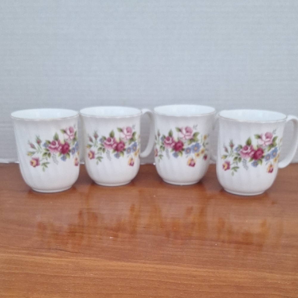 Classic Duchess Floral Bone China Mugs Set - White with Multicolor Design